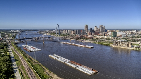 Barges in the river near the Gateway Arch in Downtown St. Louis, Missouri Aerial Stock Photos | DXP001_023_0002