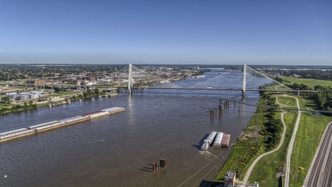 Barges on the river and a cable-stayed bridge, St. Louis, Missouri Aerial Stock Photos | DXP001_023_0008