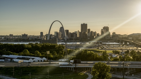 The Gateway Arch and Downtown St. Louis at sunset, seen from East St. Louis, Illinois Aerial Stock Photos | DXP001_027_0004