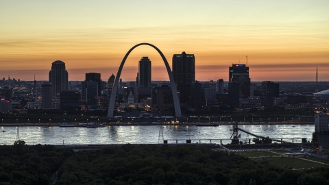 The Downtown St. Louis, Missouri skyline across the Mississippi River at twilight Aerial Stock Photos | DXP001_030_0005