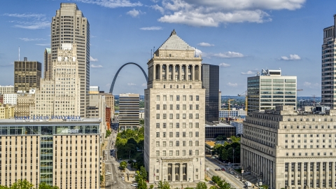 DXP001_031_0004 - Aerial stock photo of The Gateway Arch visible between the university and courthouse in Downtown St. Louis, Missouri