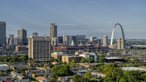 A view of office building, stadium and the famous Gateway Arch in Downtown St. Louis, Missouri Aerial Stock Photos | DXP001_033_0002