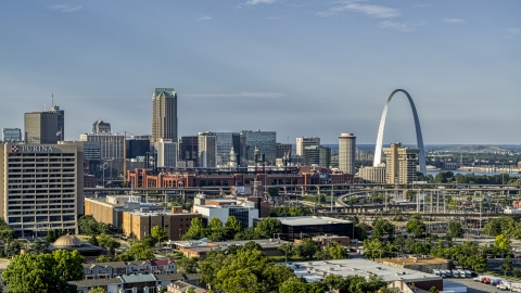 DXP001_033_0003 - Aerial stock photo of An office building and  a sports stadium near the Gateway Arch in Downtown St. Louis, Missouri