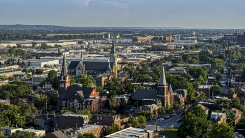 DXP001_033_0009 - Aerial stock photo of A view of three churches in St. Louis, Missouri