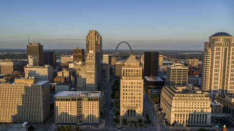 DXP001_035_0002 - Aerial stock photo of Courthouses near the Gateway Arch at sunset, Downtown St. Louis, Missouri