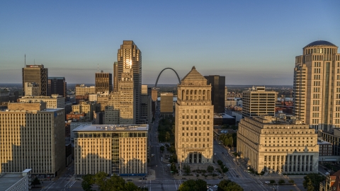 City courthouses and the famous Arch at sunset, Downtown St. Louis, Missouri Aerial Stock Photos | DXP001_035_0003