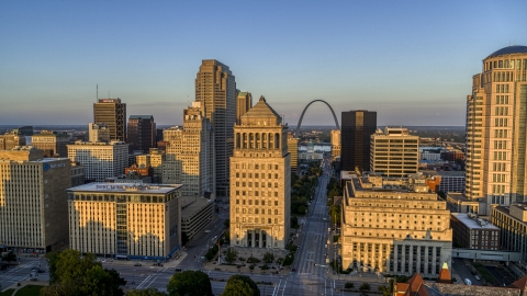 The famous Arch seen from the courthouses at sunset, Downtown St. Louis, Missouri Aerial Stock Photos | DXP001_035_0004