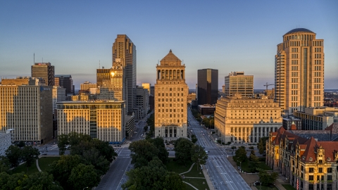 DXP001_035_0010 - Aerial stock photo of Downtown courthouse at sunset, Downtown St. Louis, Missouri