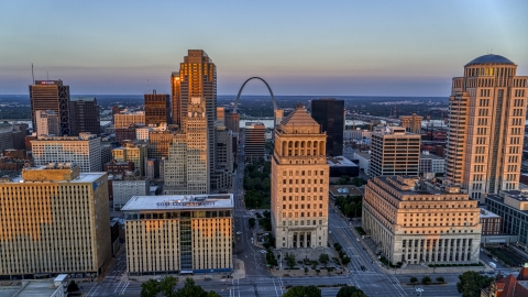 Federal courthouses and the famous Arch at sunset, Downtown St. Louis, Missouri Aerial Stock Photos | DXP001_036_0001