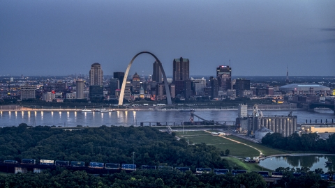 The Gateway Arch and the Mississippi River at twilight, Downtown St. Louis, Missouri Aerial Stock Photos | DXP001_037_0003