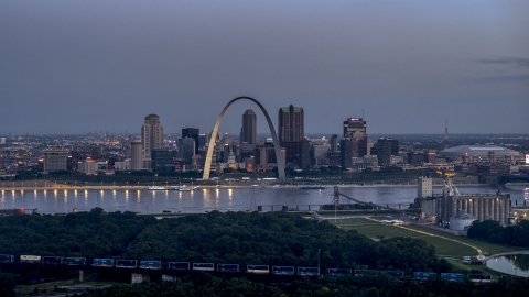 Gateway Arch and Downtown St. Louis, Missouri, across the river at twilight Aerial Stock Photos | DXP001_037_0005