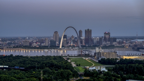 The Gateway Arch and the skyline of Downtown St. Louis, Missouri, at twilight Aerial Stock Photos | DXP001_037_0006