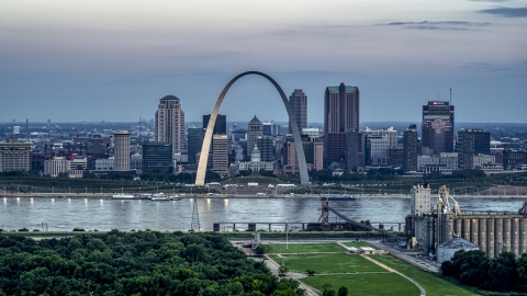 View of the Gateway Arch and the skyline of Downtown St. Louis, Missouri, at twilight Aerial Stock Photos | DXP001_037_0016