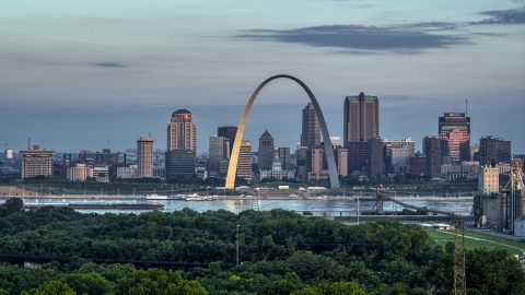 DXP001_038_0001 - Aerial stock photo of The riverfront Gateway Arch in Downtown St. Louis, Missouri, at sunrise