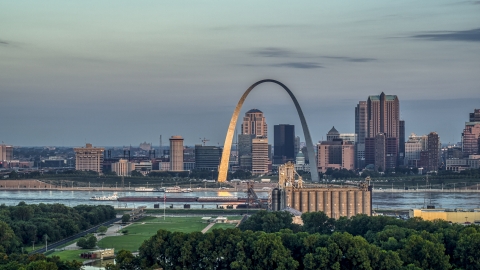 The Gateway Arch at sunrise in Downtown St. Louis, Missouri Aerial Stock Photos | DXP001_038_0002