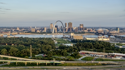 DXP001_038_0008 - Aerial stock photo of A wide view of the Gateway Arch in the morning, seen from I-55, Downtown St. Louis, Missouri