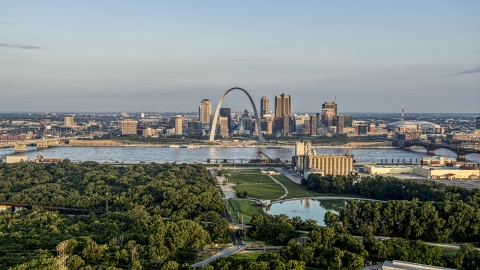 Park and the Gateway Arch in the morning, Downtown St. Louis, Missouri Aerial Stock Photos | DXP001_038_0009