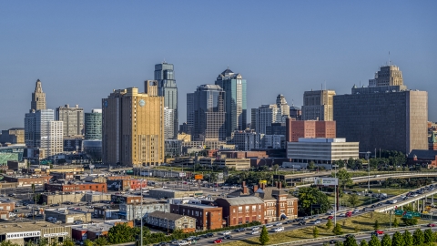 DXP001_042_0001 - Aerial stock photo of A city office building and skyscrapers in Downtown Kansas City, Missouri