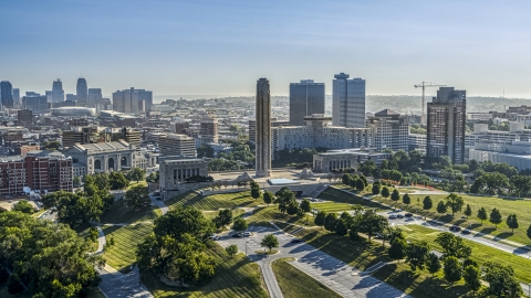 DXP001_043_0004 - Aerial stock photo of The WWI memorial and museum near office buildings in Kansas City, Missouri