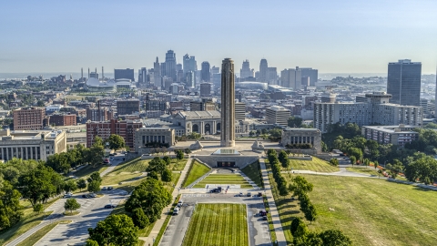 WWI memorial and museum, with the downtown skyline in the background in Kansas City, Missouri Aerial Stock Photos | DXP001_043_0007