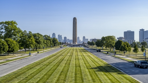 A view of the WWI memorial from green lawn in Kansas City, Missouri Aerial Stock Photos | DXP001_043_0009