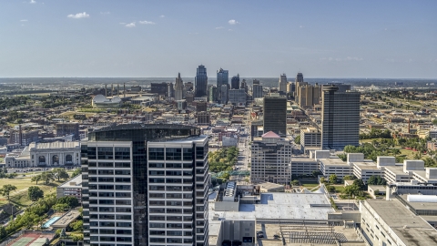 DXP001_044_0002 - Aerial stock photo of The city skyline behind tall Crown Center office buildings, Downtown Kansas City, Missouri