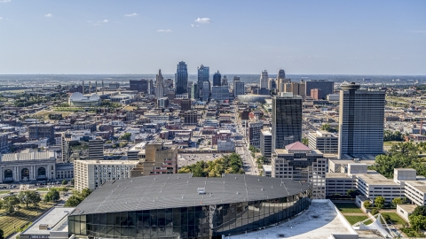 DXP001_044_0003 - Aerial stock photo of Skyline of Downtown Kansas City, Missouri seen from top of a Crown Center office building