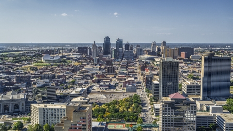 DXP001_044_0008 - Aerial stock photo of The skyline of Downtown Kansas City, Missouri seen from Crown Center