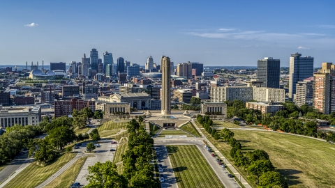 DXP001_044_0014 - Aerial stock photo of The WWI memorial between the Kansas City, Missouri skyline and office buildings