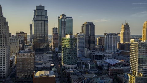 DXP001_045_0015 - Aerial stock photo of Tall skyscrapers in Downtown Kansas City, Missouri