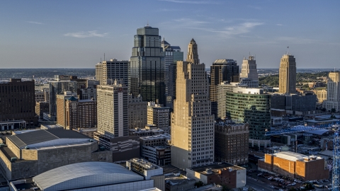 DXP001_045_0016 - Aerial stock photo of Towering city skyscrapers in Downtown Kansas City, Missouri