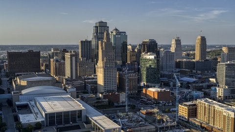 DXP001_045_0017 - Aerial stock photo of A view of tall skyscrapers in Downtown Kansas City, Missouri