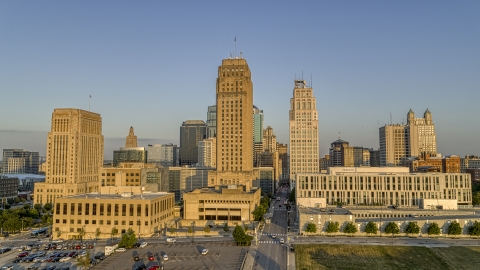 DXP001_047_0002 - Aerial stock photo of City hall and skyscraper in Downtown Kansas City, Missouri