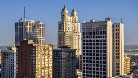 DXP001_048_0001 - Aerial stock photo of Three tall skyscrapers in Downtown Kansas City, Missouri