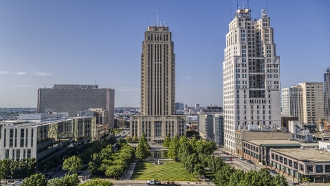 DXP001_049_0001 - Aerial stock photo of City hall seen from the park in Downtown Kansas City, Missouri