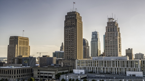 DXP001_050_0004 - Aerial stock photo of City hall and nearby skyscraper in Downtown Kansas City, Missouri