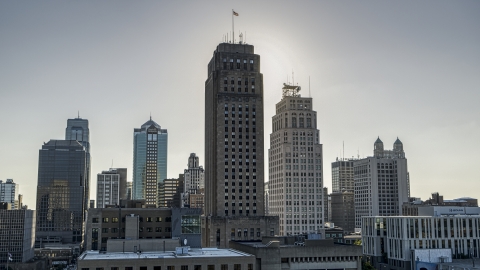 DXP001_050_0005 - Aerial stock photo of City hall and the Oak Tower skyscraper in Downtown Kansas City, Missouri