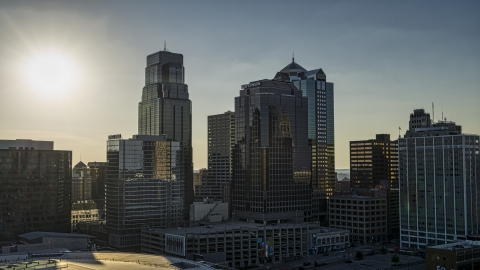 DXP001_050_0007 - Aerial stock photo of The city's tall skyscrapers at sunset in Downtown Kansas City, Missouri