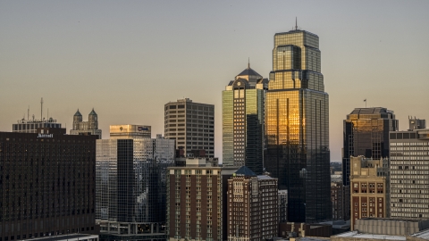 DXP001_051_0003 - Aerial stock photo of City skyscrapers at sunset in Downtown Kansas City, Missouri