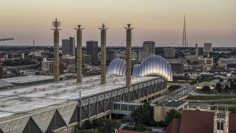 DXP001_051_0004 - Aerial stock photo of Top the convention center and concert hall at sunset in Downtown Kansas City, Missouri