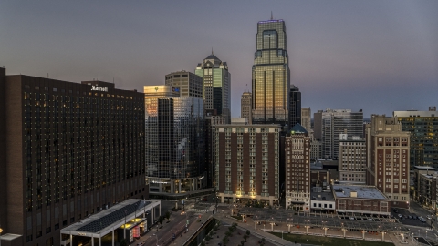 DXP001_051_0020 - Aerial stock photo of Marriott hotel and tall city skyscrapers at twilight in Downtown Kansas City, Missouri