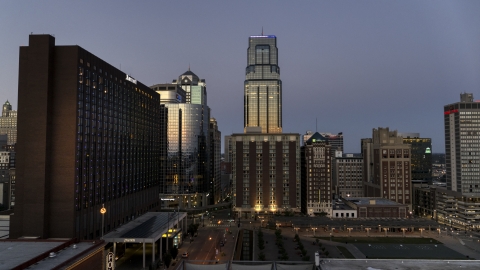 DXP001_051_0022 - Aerial stock photo of Skyscrapers seen from the Marriott Hotel at twilight in Downtown Kansas City, Missouri