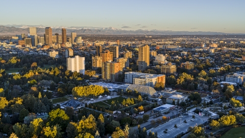 DXP001_052_0002 - Aerial stock photo of A group of apartment buildings at sunrise in Denver, Colorado