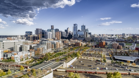 DXP001_056_0003 - Aerial stock photo of A view of the city skyline in the distance, Downtown Denver, Colorado