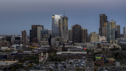 DXP001_057_0002 - Aerial stock photo of Skyscrapers and hotel high-rise at twilight, Downtown Denver, Colorado