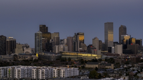 DXP001_057_0003 - Aerial stock photo of The city's downtown skyscrapers by convention center at twilight, Downtown Denver, Colorado