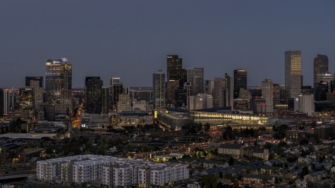 DXP001_057_0005 - Aerial stock photo of The city's skyline and convention center at twilight, Downtown Denver, Colorado