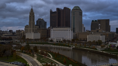 DXP001_087_0005 - Aerial stock photo of The city skyline and the Scioto River, Downtown Columbus, Ohio