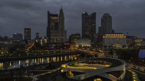 DXP001_088_0002 - Aerial stock photo of The city skyline seen from the concert hall at twilight, Downtown Columbus, Ohio