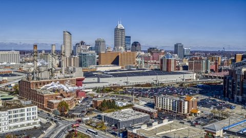 DXP001_089_0002 - Aerial stock photo of A brick factory, convention center and city skyline, Downtown Indianapolis, Indiana